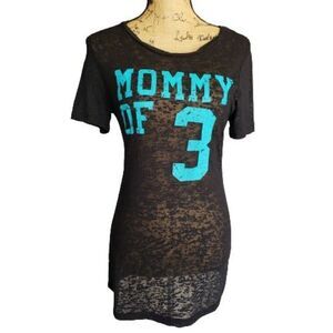 Kavio! Womens Black Sheer Top M "Mommy Of 3" Graphic Tee Y2K Momcore Sassy Femme